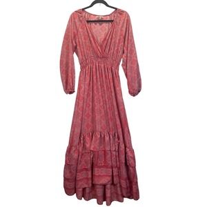 Boemo Boho Paisley Maxi Dress L Red Pink Long Sleeve Smocked Waist Ruffle Tiered